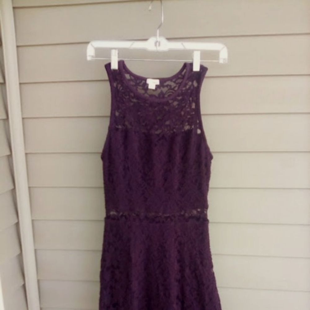 Garage Brand Mini Skater Dress Lace Eggplant Color Sheer Neck and Waist size XS